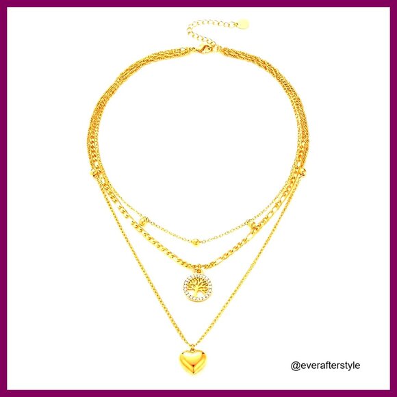 18K Gold Plated Multi Layer Necklace with Heart and Tree of Life Pendant